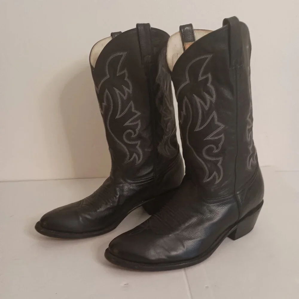 Cowtown Men’s Black Western Cowboy Boots White Embroidery Size 11.5 - Picture 15 of 15
